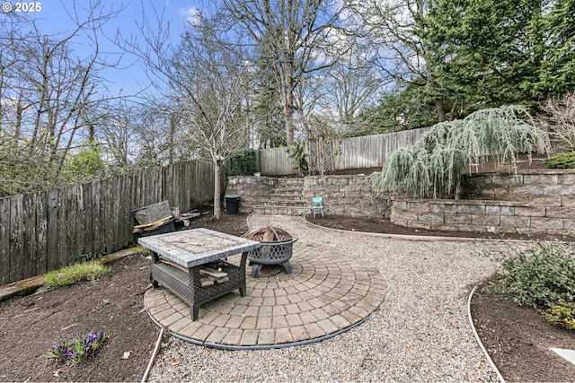 view of patio / terrace featuring a fenced backyard and an outdoor fire pit