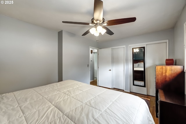bedroom featuring multiple closets, ceiling fan, and wood finished floors