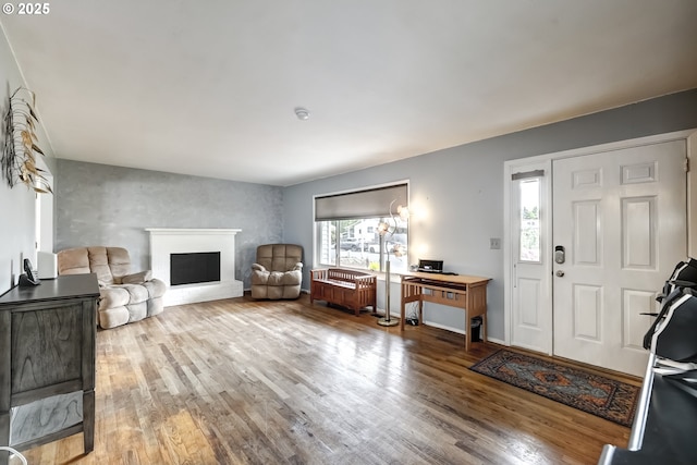 foyer entrance with plenty of natural light, a fireplace, and wood finished floors