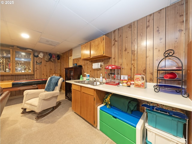 kitchen with wood walls, light carpet, and sink