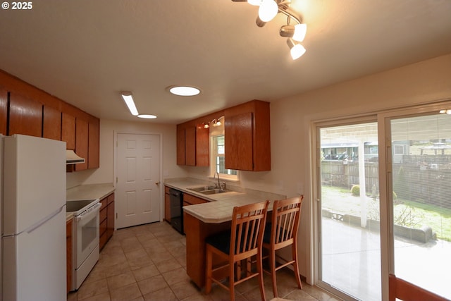 kitchen featuring plenty of natural light, sink, white appliances, and kitchen peninsula