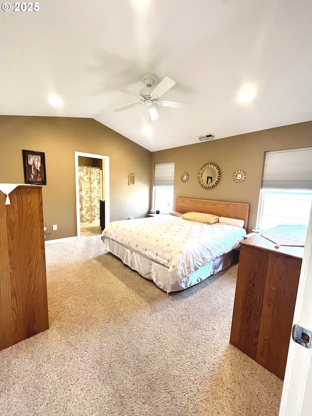 99 Rainbow Way, Kelso, WA 98626 - bedroom featuring vaulted ceiling, carpet, baseboards, and a ceiling fan