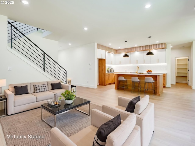 5412 NE 111th St, Vancouver, WA 98686 - living room with light wood-style floors, recessed lighting, baseboards, and stairway