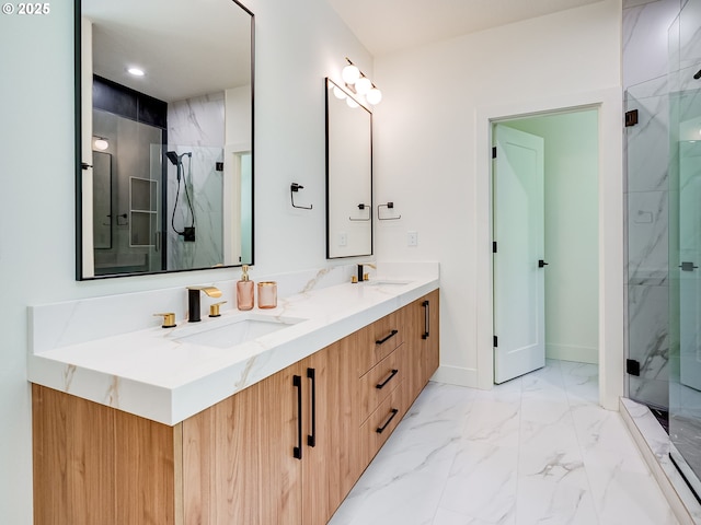 5412 NE 111th St, Vancouver, WA 98686 - bathroom featuring a marble finish shower, double vanity, marble finish flooring, baseboards, and recessed lighting