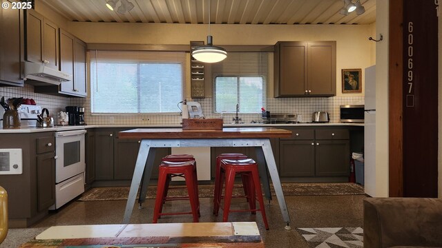 4395 E 20th Ave, Eugene, OR 97403 - kitchen with under cabinet range hood, gray cabinets, white range with electric stovetop, decorative backsplash, and wooden ceiling