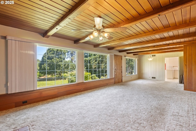 3034 Fisher Rd, Roseburg, OR 97471 - spare room featuring ceiling fan, carpet floors, wood walls, and wood ceiling with exposed beams