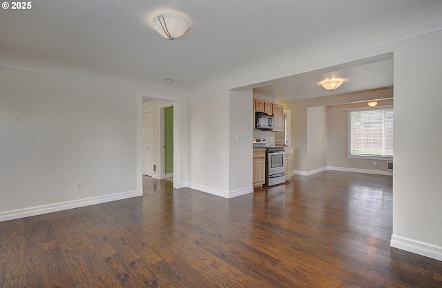 unfurnished living room with dark wood-type flooring and baseboards