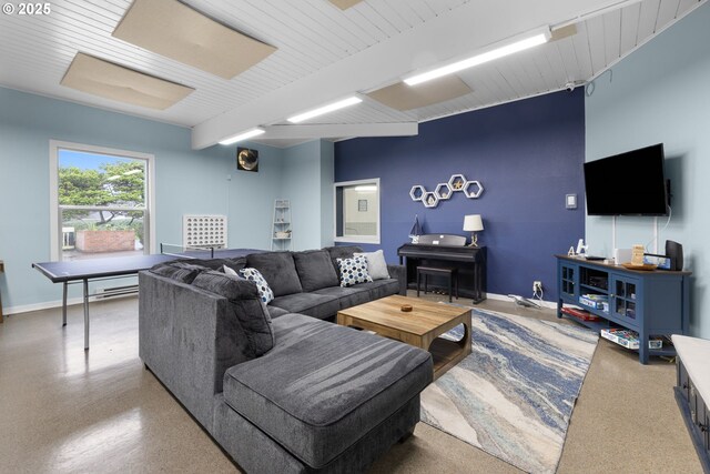 1415 NW 31st Pl Unit 166, Lincoln City, OR 97367 - game room featuring beamed ceiling, a baseboard radiator, and speckled floor