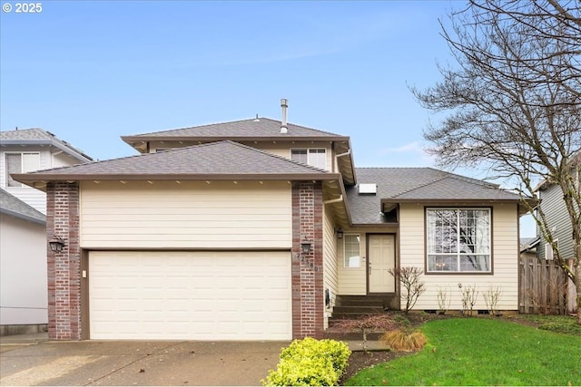 prairie-style house featuring concrete driveway, roof with shingles, an attached garage, fence, and brick siding