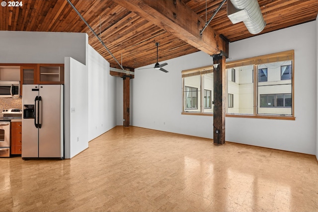 spare room featuring ceiling fan, wooden ceiling, and lofted ceiling with beams