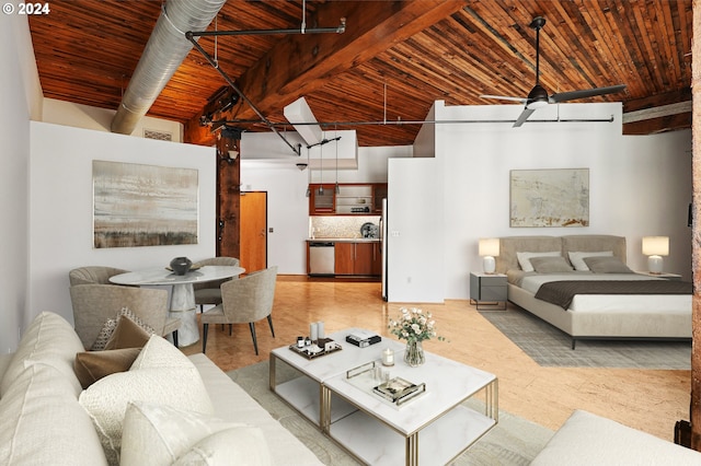 living room featuring ceiling fan, wooden ceiling, and beam ceiling