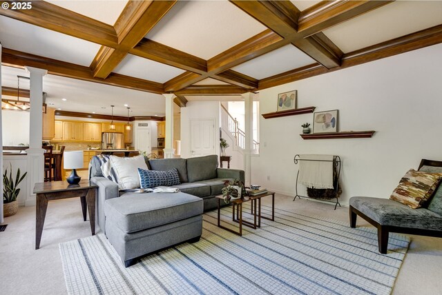 3011 Sabo Ln, West Linn, OR 97068 - living room with decorative columns, coffered ceiling, light carpet, beamed ceiling, and recessed lighting