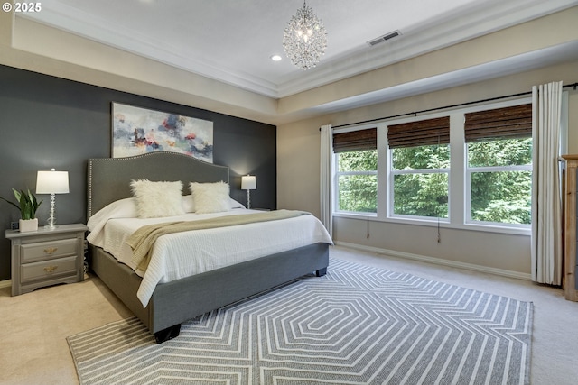 3011 Sabo Ln, West Linn, OR 97068 - bedroom featuring light carpet, baseboards, a chandelier, recessed lighting, and crown molding