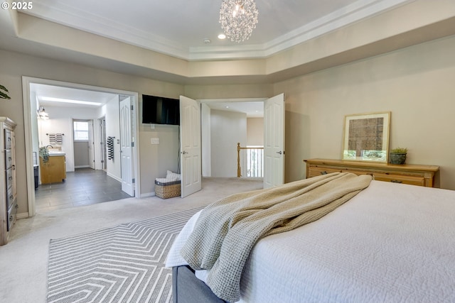 3011 Sabo Ln, West Linn, OR 97068 - carpeted bedroom featuring a chandelier, recessed lighting, ornamental molding, and baseboards