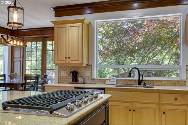 3011 Sabo Ln, West Linn, OR 97068 - kitchen with stainless steel gas cooktop, a sink, light brown cabinets, ornamental molding, and decorative backsplash
