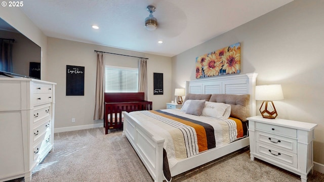 bedroom featuring recessed lighting, baseboards, ceiling fan, and light colored carpet