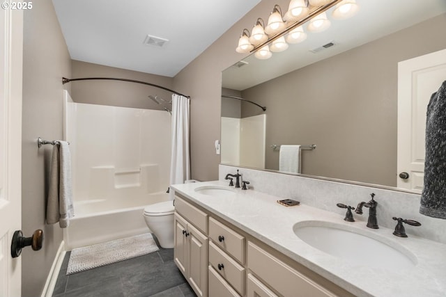 bathroom with shower / bath combination with curtain, visible vents, and a sink