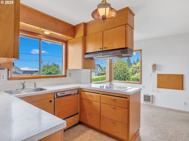 4915 Leif Erikson Dr, Astoria, OR 97103 - kitchen featuring dishwashing machine, a sink, white electric cooktop, light countertops, and under cabinet range hood