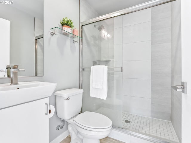 full bathroom featuring vanity, toilet, and a shower stall