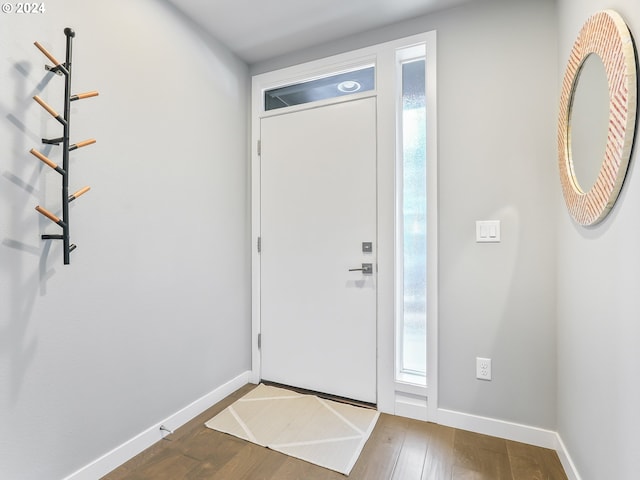 entrance foyer featuring baseboards, wood finished floors, and a healthy amount of sunlight