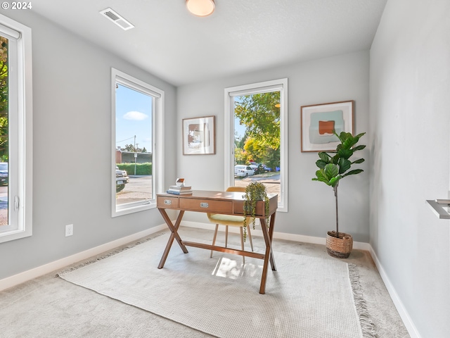 office area featuring carpet, visible vents, and baseboards