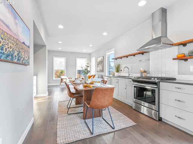 kitchen with stainless steel stove, island range hood, wood finished floors, white cabinets, and open shelves