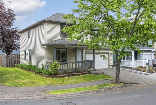 18450 SW Longacre St, Beaverton, OR 97003 - view of front facade featuring a porch, driveway, a shingled roof, and a garage