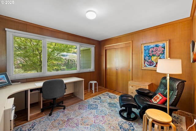 office space with wood finished floors, wood walls, and ornamental molding