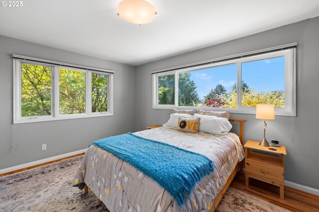 bedroom with baseboards and wood finished floors