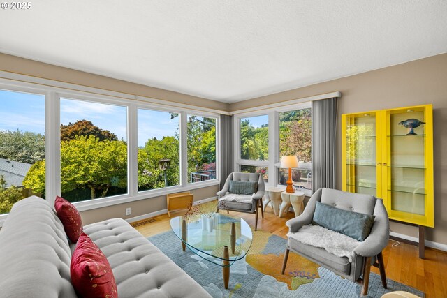 living room featuring plenty of natural light, baseboards, and wood finished floors