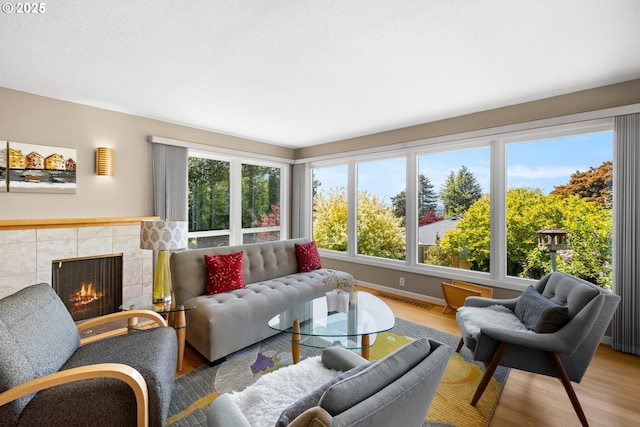living area with wood finished floors and a fireplace