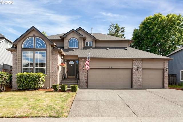 16716 NW Paddington Dr, Beaverton, OR 97006 - traditional-style house with brick siding, a garage, concrete driveway, and a shingled roof
