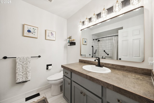 bathroom with visible vents, tile patterned flooring, vanity, toilet, and a shower with shower curtain
