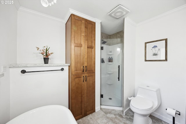 bathroom with baseboards, ornamental molding, a stall shower, and toilet