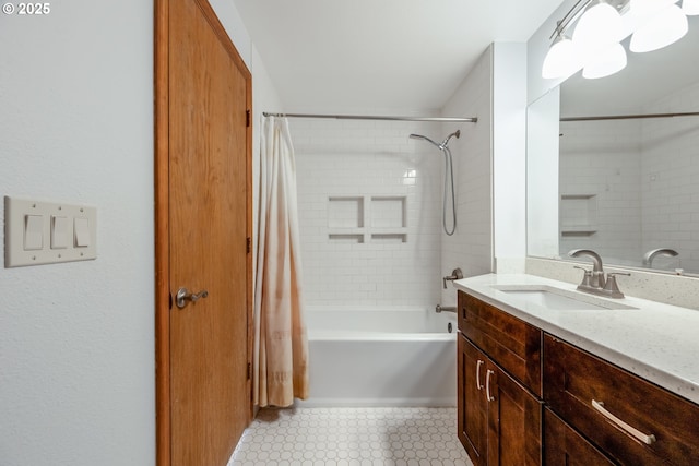 17510 NW Fieldstone Dr, Beaverton, OR 97006 - full bathroom with vanity, shower / tub combo with curtain, and tile patterned floors