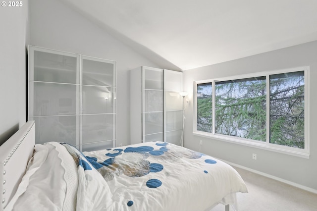 bedroom with lofted ceiling and carpet