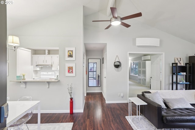 living area with a ceiling fan, wood finished floors, baseboards, and high vaulted ceiling