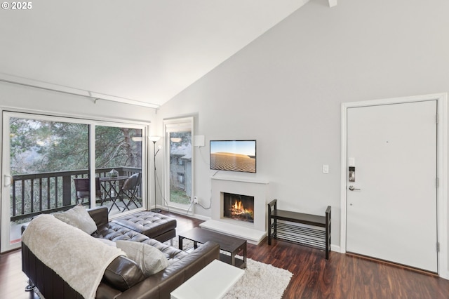 living room featuring high vaulted ceiling, a warm lit fireplace, wood finished floors, plenty of natural light, and baseboards