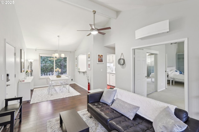 living area featuring a chandelier, a wall mounted air conditioner, ceiling fan, dark wood-style floors, and high vaulted ceiling