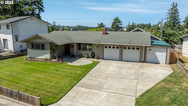 3840 Vista Dr, North Bend, OR 97459 - view of front of property with an attached garage, driveway, a chimney, and a shingled roof