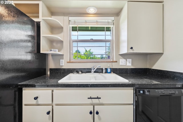 3840 Vista Dr, North Bend, OR 97459 - kitchen featuring dishwasher, white cabinetry, and dark countertops