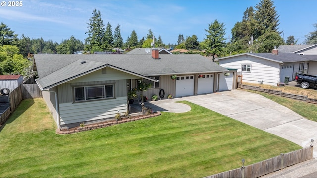 3840 Vista Dr, North Bend, OR 97459 - single story home with an attached garage, driveway, a shingled roof, a chimney, and board and batten siding