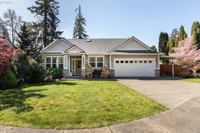 craftsman-style house featuring roof with shingles, driveway, stone siding, and a garage