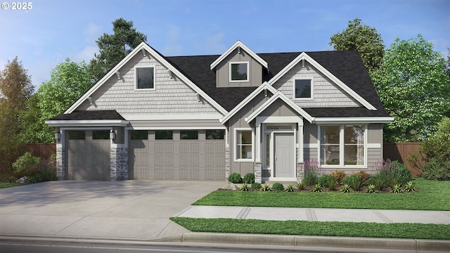 1205 S Mountain Pl, Ridgefield, WA 98642 - craftsman house with fence, concrete driveway, an attached garage, stone siding, and roof with shingles