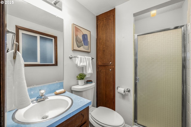 bathroom featuring a shower stall, vanity, and toilet