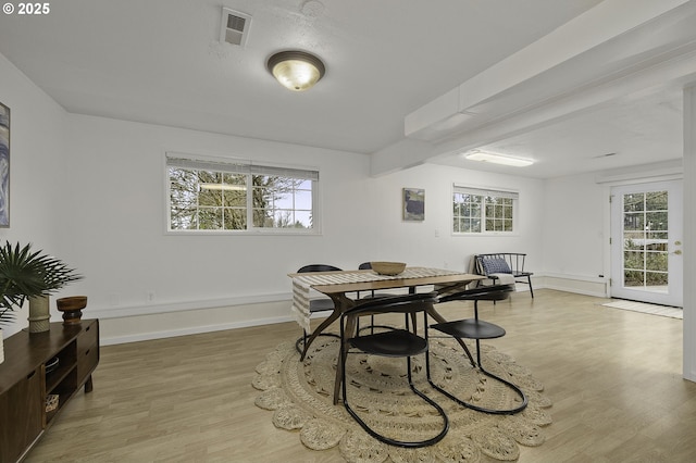 dining area featuring visible vents, light wood-type flooring, and baseboards