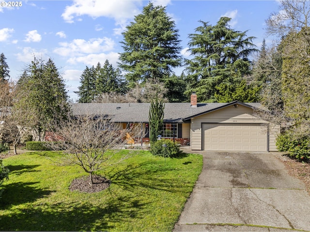 single story home featuring a front lawn, roof with shingles, concrete driveway, an attached garage, and a chimney