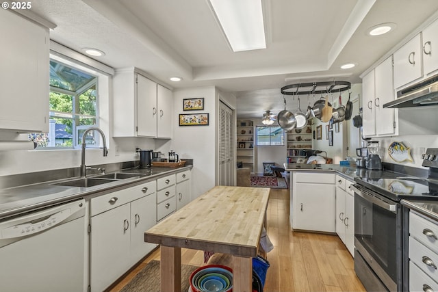 kitchen with stainless steel countertops, dishwasher, a tray ceiling, stainless steel range with electric cooktop, and a sink