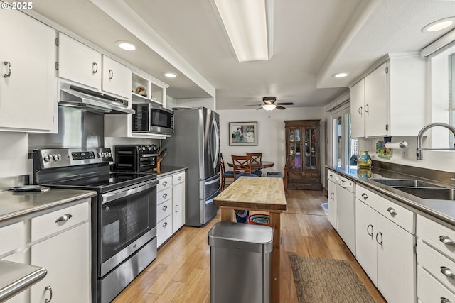 kitchen featuring under cabinet range hood, stainless steel appliances, light wood-type flooring, and a sink