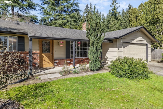 single story home with driveway, a front lawn, a porch, an attached garage, and brick siding